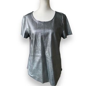 NEW Trouve Metallic Silver Leather Panel Short Sleeve Tee | Size Small